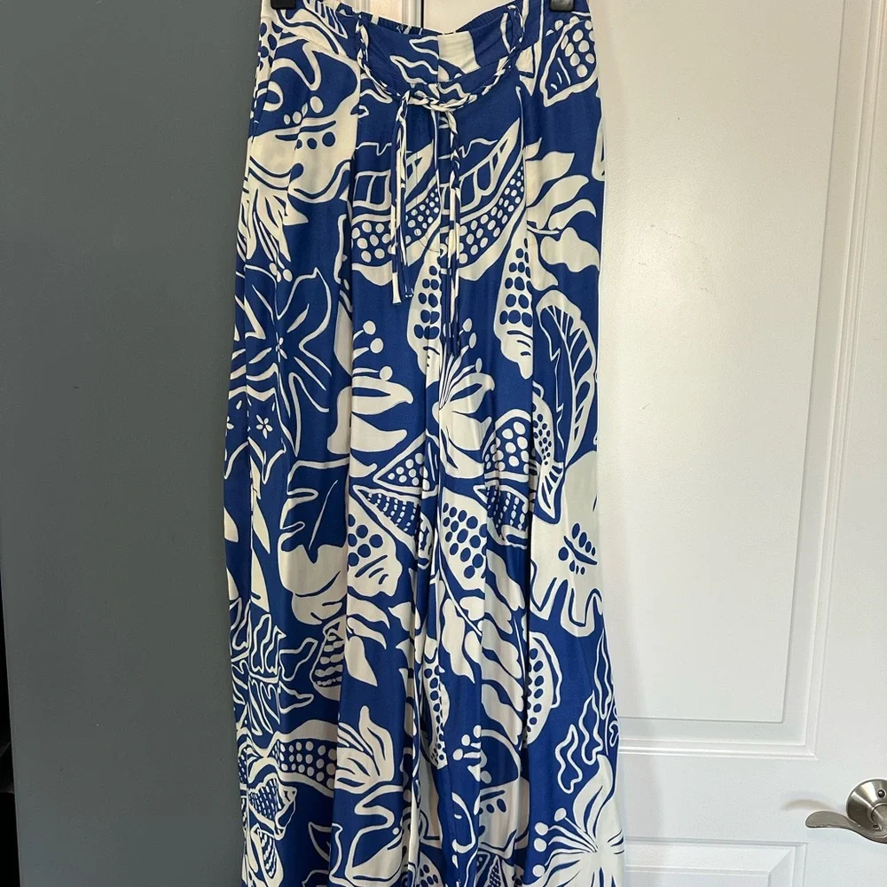 FARM Rio Blue & White Wide-Leg Pants with Tie Waist